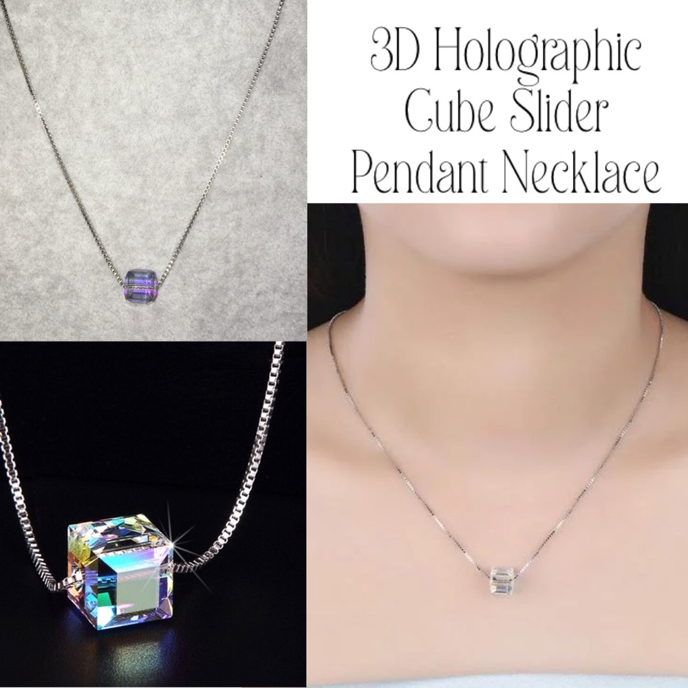 3-$15 Holographic Cosmic 3D Crystal Cube Slider Pendant Minimalist Necklace